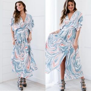 ODDY Swirl V-Neck Maxi Dress in Blue, Coral & White